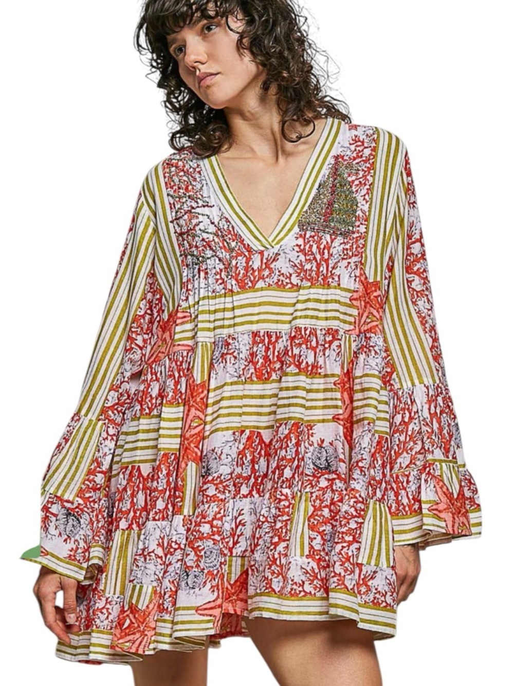 🌸POL Red, White & Olive Green Striped Floral Mini Dress  P002
